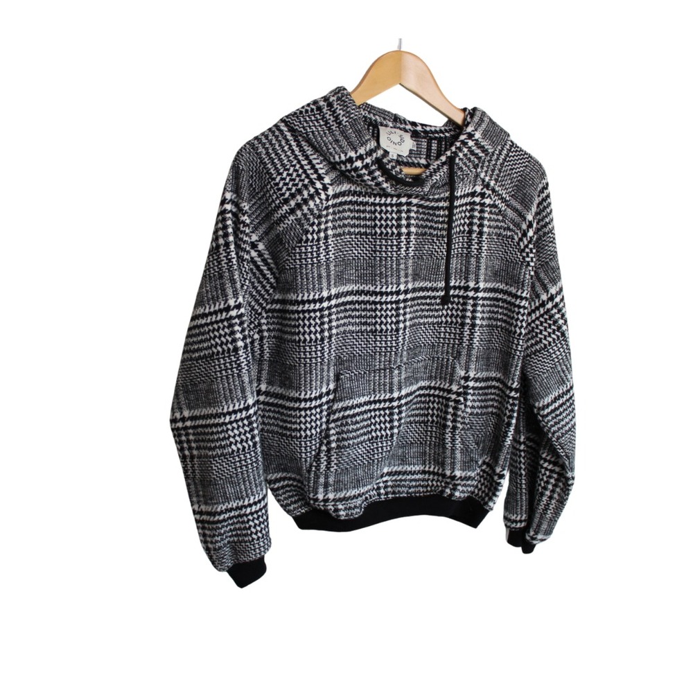 Plaid Hooded Pullover Sweatshirt - Black & White
